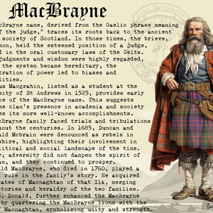 Puede incluir: Una ilustraci&oacute;n vintage de un hombre con un kilt escoc&eacute;s tradicional. La ilustraci&oacute;n va acompa&ntilde;ada de un texto que describe la historia del clan MacBrayne, que se remonta a la antigua sociedad celta de Escocia.