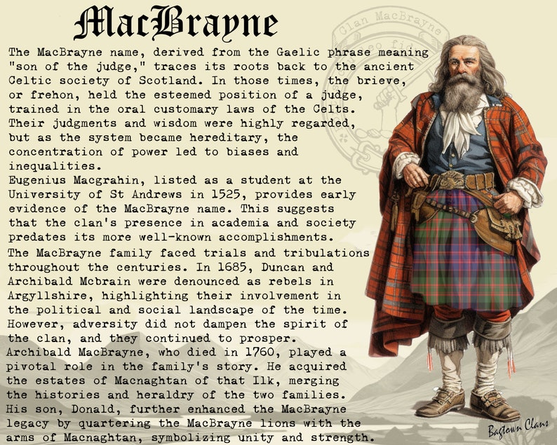 Puede incluir: Una ilustraci&oacute;n vintage de un hombre con un kilt escoc&eacute;s tradicional. La ilustraci&oacute;n va acompa&ntilde;ada de un texto que describe la historia del clan MacBrayne, que se remonta a la antigua sociedad celta de Escocia.