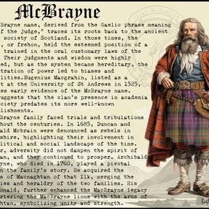 Puede incluir: Una pintura de un hombre con un kilt escoc&eacute;s tradicional. Tiene una larga barba blanca y sostiene una espada. La pintura est&aacute; rodeada de texto que describe la historia del clan McBrayne.