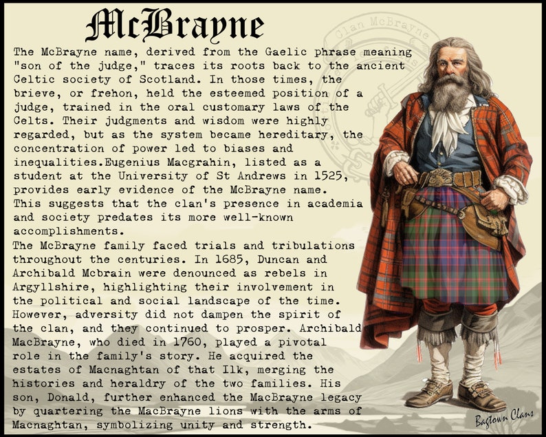 Puede incluir: Una pintura de un hombre con un kilt escoc&eacute;s tradicional. Tiene una larga barba blanca y sostiene una espada. La pintura est&aacute; rodeada de texto que describe la historia del clan McBrayne.