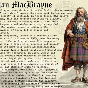 Puede incluir: Una ilustraci&oacute;n vintage de un hombre con un kilt escoc&eacute;s tradicional, con un patr&oacute;n de tart&aacute;n rojo, verde y negro. El texto "Clan MacBrayne" est&aacute; en la parte superior de la imagen, y el texto "Bagtown Clans" est&aacute; en la esquina inferior derecha. El texto describe la historia del clan MacBrayne en Escocia.