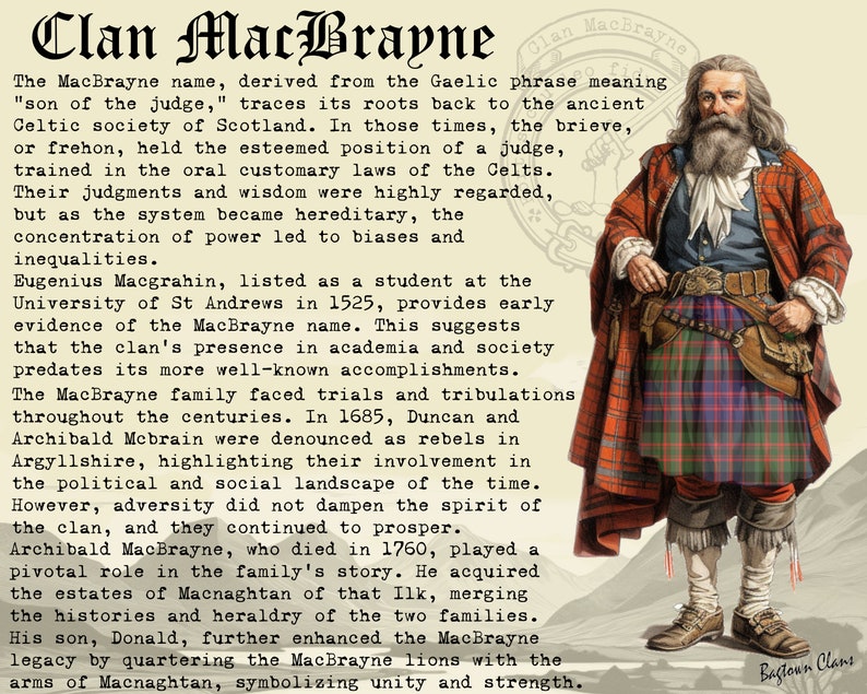 Puede incluir: Una ilustraci&oacute;n vintage de un hombre con un kilt escoc&eacute;s tradicional, con un patr&oacute;n de tart&aacute;n rojo, verde y negro. El texto "Clan MacBrayne" est&aacute; en la parte superior de la imagen, y el texto "Bagtown Clans" est&aacute; en la esquina inferior derecha. El texto describe la historia del clan MacBrayne en Escocia.