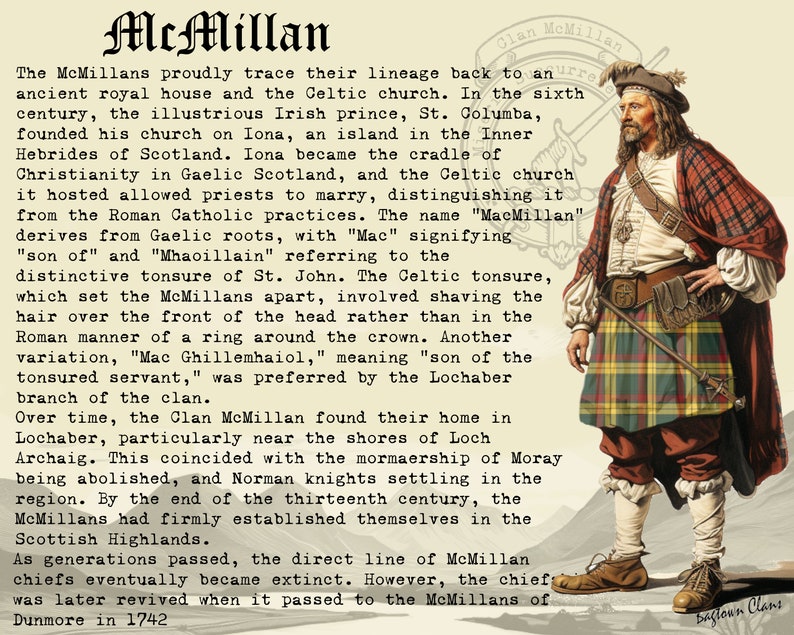 Pu&ograve; includere: Un'illustrazione vintage di un uomo che indossa un kilt e un cappello con piume. Il testo recita "McMillan Clan McMillan" e descrive la storia del clan, tracciando la sua discendenza fino a un'antica casa reale e la chiesa celtica.