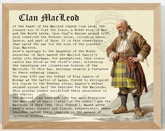 Peut inclure: Une illustration de style vintage d'un homme en kilt, avec une légende sur l'histoire du clan MacLeod. Le texte décrit les origines du clan, son ascension au pouvoir et son héritage dans l'histoire écossaise.