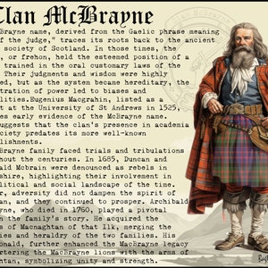 Puede incluir: Una ilustraci&oacute;n vintage de un hombre con un kilt escoc&eacute;s tradicional, con un patr&oacute;n de tart&aacute;n rojo y verde. El texto describe la historia del clan McBrayne, que se remonta a la antigua sociedad celta de Escocia.