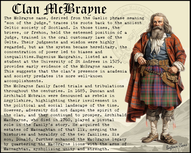 Puede incluir: Una ilustraci&oacute;n vintage de un hombre con un kilt escoc&eacute;s tradicional, con un patr&oacute;n de tart&aacute;n rojo y verde. El texto describe la historia del clan McBrayne, que se remonta a la antigua sociedad celta de Escocia.
