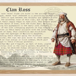 Puede incluir: Una ilustración vintage de un hombre con un kilt rojo y verde, una camisa blanca y un sombrero marrón. La ilustración está rodeada de un marco beige con el texto "Clan Ross" en letras negras. El texto describe la historia del Clan Ross.