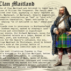 Op de afbeelding: Een vintage illustratie van een man die een groene, blauwe en rode tartan kilt draagt. De man heeft een lange witte baard en houdt zijn handen voor zich. De tekst "Clan Maitland" staat in een groot lettertype bovenaan de afbeelding.