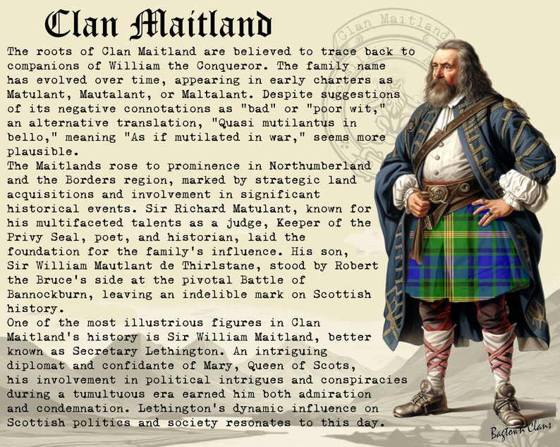 Op de afbeelding: Een vintage illustratie van een man die een groene, blauwe en rode tartan kilt draagt. De man heeft een lange witte baard en houdt zijn handen voor zich. De tekst "Clan Maitland" staat in een groot lettertype bovenaan de afbeelding.