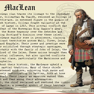 Peut inclure: Une illustration historique d'un guerrier &eacute;cossais portant un kilt et tenant une &eacute;p&eacute;e. L'image est intitul&eacute;e "MacLean" et comprend du texte sur l'histoire du clan MacLean.