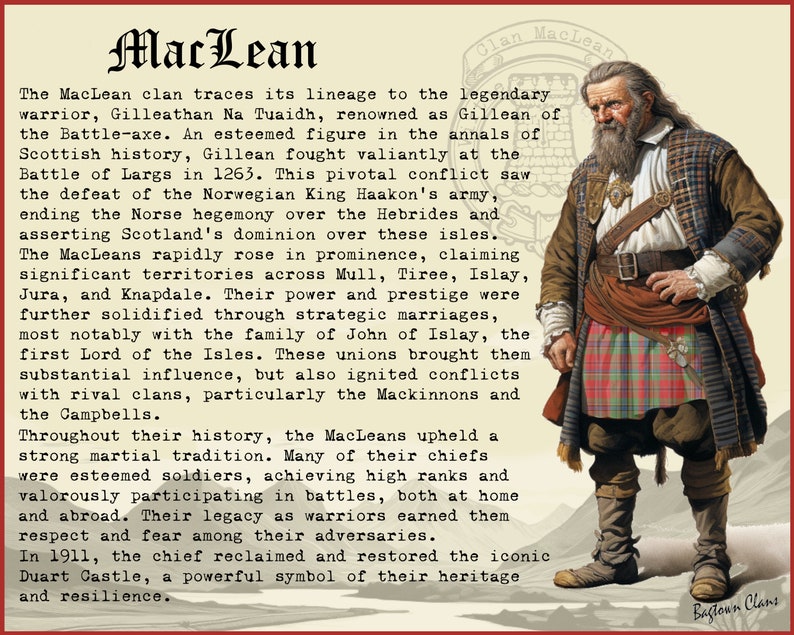 Peut inclure: Une illustration historique d'un guerrier &eacute;cossais portant un kilt et tenant une &eacute;p&eacute;e. L'image est intitul&eacute;e "MacLean" et comprend du texte sur l'histoire du clan MacLean.