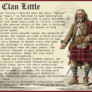 Peut inclure: Une illustration d'un homme portant un kilt rouge et une chemise blanche avec un col en dentelle blanche. Il a une longue barbe blanche et tient une &eacute;p&eacute;e. L'image est intitul&eacute;e "Clan Little" et comprend du texte sur l'histoire du clan.