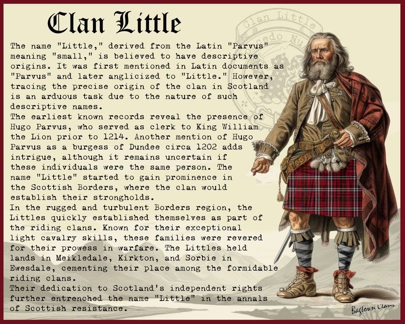 Peut inclure: Une illustration d'un homme portant un kilt rouge et une chemise blanche avec un col en dentelle blanche. Il a une longue barbe blanche et tient une &eacute;p&eacute;e. L'image est intitul&eacute;e "Clan Little" et comprend du texte sur l'histoire du clan.