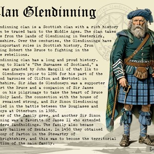 K&ouml;nnte beinhalten: Illustration eines Mannes in traditioneller schottischer Kleidung, einschlie&szlig;lich Kilt und Jacke. Der Text zeigt "Clan Glendinning" und beschreibt die Geschichte des Clans, seine Urspr&uuml;nge und wichtige Ereignisse.