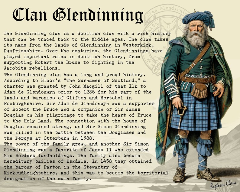 K&ouml;nnte beinhalten: Illustration eines Mannes in traditioneller schottischer Kleidung, einschlie&szlig;lich Kilt und Jacke. Der Text zeigt "Clan Glendinning" und beschreibt die Geschichte des Clans, seine Urspr&uuml;nge und wichtige Ereignisse.