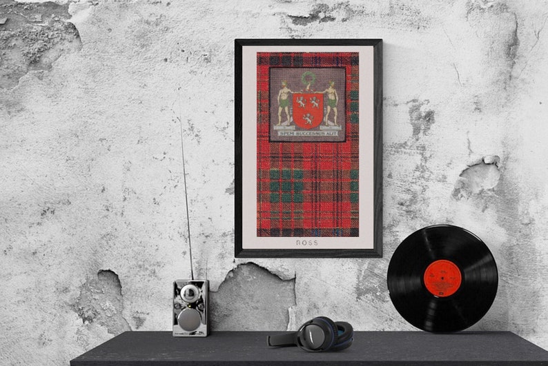 Ross Tartan en wapenschild Vintage Poster Digitale Download afbeelding 1