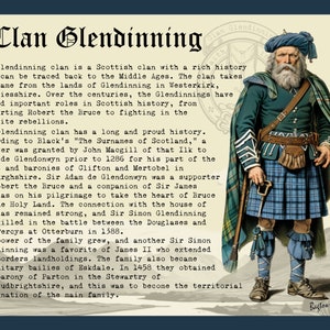 K&ouml;nnte beinhalten: Ein Vintage-Druck mit dem Clan Glendinning. Das Bild zeigt einen Mann in traditioneller schottischer Kleidung, eine detaillierte Geschichte des Clans und den Namen des Clans in einer dekorativen Schriftart. Die Farbpalette ist eine Mischung aus Blau-, Gr&uuml;n- und Braunt&ouml;nen.
