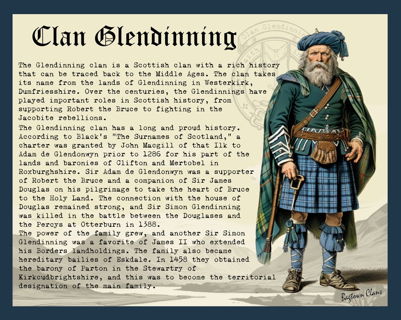 K&ouml;nnte beinhalten: Ein Vintage-Druck mit dem Clan Glendinning. Das Bild zeigt einen Mann in traditioneller schottischer Kleidung, eine detaillierte Geschichte des Clans und den Namen des Clans in einer dekorativen Schriftart. Die Farbpalette ist eine Mischung aus Blau-, Gr&uuml;n- und Braunt&ouml;nen.