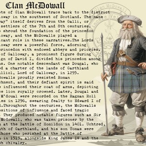May include: A vintage illustration of a man wearing a kilt and holding a spear. The illustration is titled "Clan McDowall" and includes text about the history of the clan.
