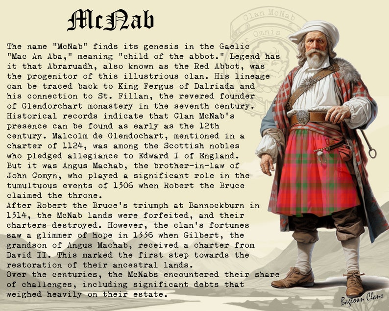 Peut inclure: Une illustration vintage d'un homme portant un kilt rouge et une chemise blanche. L'homme a une longue barbe blanche et tient un b&acirc;ton. Le texte "Clan McNab Omnis" est &eacute;crit dans un cercle au-dessus de la t&ecirc;te de l'homme. Le texte "Bagtoun Clans" est &eacute;crit dans le coin inf&eacute;rieur droit de l'image.