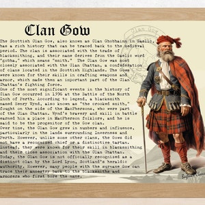 Può includere: Un'illustrazione vintage di un uomo che indossa un kilt scozzese tradizionale e uno scialle di tartan rosso. Il testo descrive la storia del Clan Gow, un clan scozzese noto per le sue abilità nella lavorazione del ferro. Il testo menziona il Clan Chattan, una confederazione di clan, e la Battaglia di North Inch di Perth nel 1396.