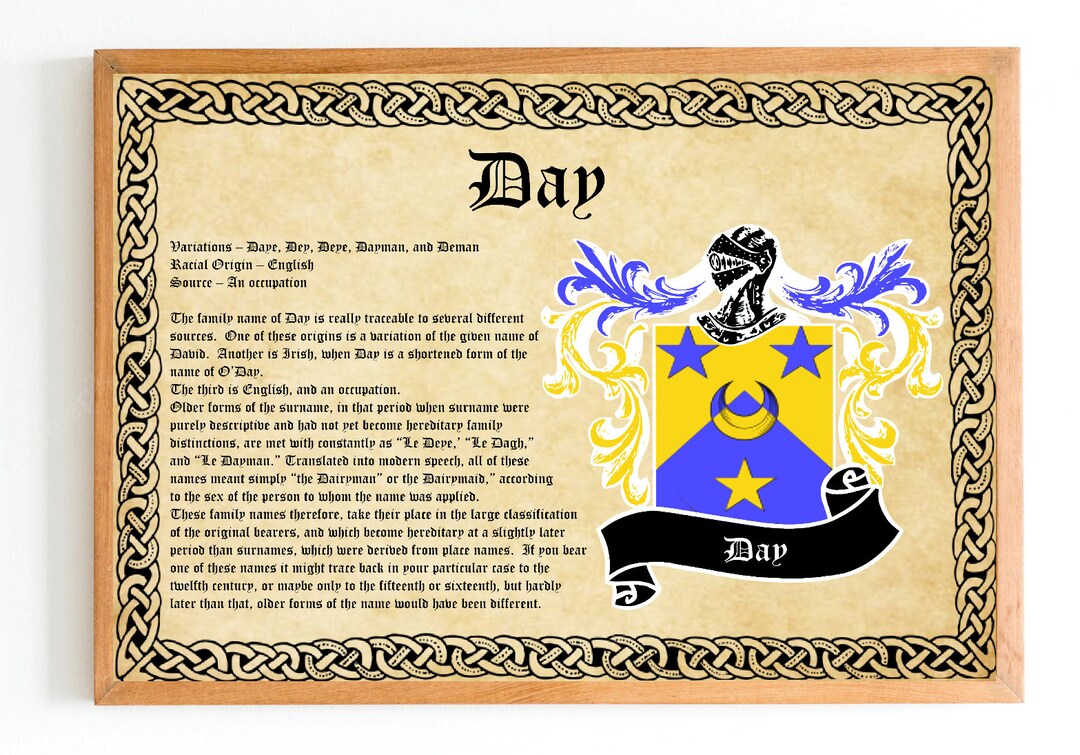 Day Surname Family History and Coat of Arms Vintage Poster Etsy Australia