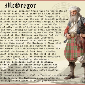 May include: An illustration depicting a man in traditional Scottish Highland dress, including a red and green tartan kilt. The image features text about the history of Clan McGregor. The man has a white turban and beard.