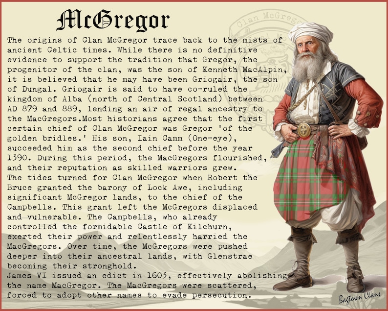 May include: An illustration depicting a man in traditional Scottish Highland dress, including a red and green tartan kilt. The image features text about the history of Clan McGregor. The man has a white turban and beard.