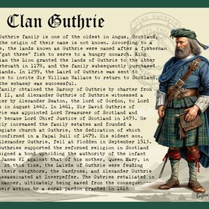 K&ouml;nnte beinhalten: Eine Vintage-Illustration eines Mannes in einem Kilt und einem Federhut. Der Text lautet "Clan Guthrie" und beschreibt die Geschichte der Familie Guthrie in Schottland.