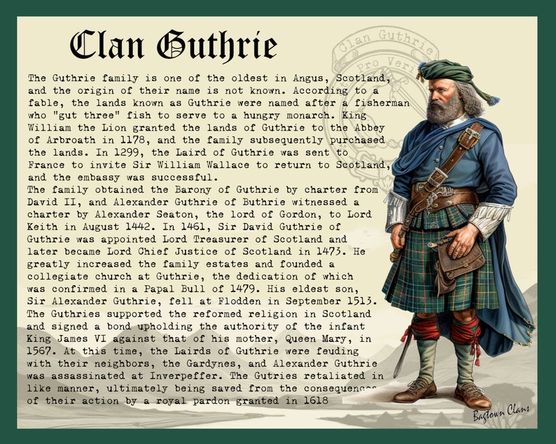 K&ouml;nnte beinhalten: Eine Vintage-Illustration eines Mannes in einem Kilt und einem Federhut. Der Text lautet "Clan Guthrie" und beschreibt die Geschichte der Familie Guthrie in Schottland.