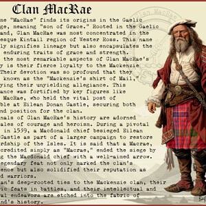 May include: An illustration of a man in traditional Scottish attire, including a red and plaid kilt, a red jacket, and a white shirt. The image includes text about Clan MacRae's history and origins.