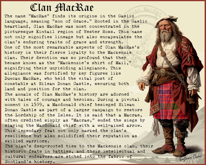 May include: An illustration of a man in traditional Scottish attire, including a red and plaid kilt, a red jacket, and a white shirt. The image includes text about Clan MacRae's history and origins.