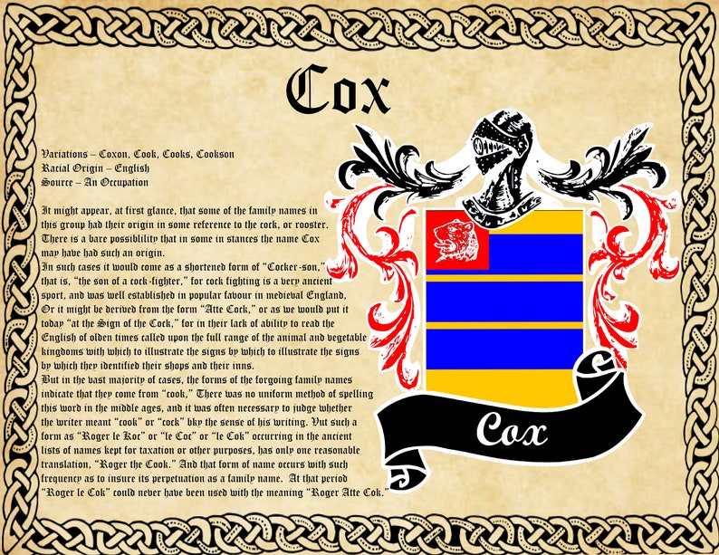 Cox Coat of Arms Vintage Poster Etsy