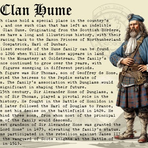 May include: A portrait of a man wearing a blue kilt and a blue hat with a white feather. He has a long white beard and is holding his hands in front of him. The text "Clan Hume" is written in large, bold letters at the top of the image. The text describes the history of the Clan Hume, a Scottish clan that originated from the Scottish Borders.