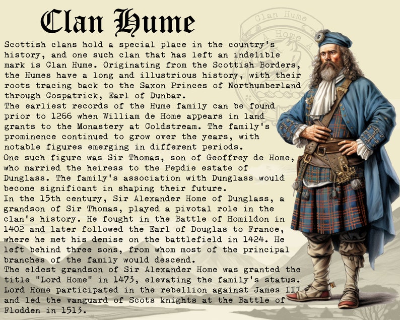 May include: A portrait of a man wearing a blue kilt and a blue hat with a white feather. He has a long white beard and is holding his hands in front of him. The text "Clan Hume" is written in large, bold letters at the top of the image. The text describes the history of the Clan Hume, a Scottish clan that originated from the Scottish Borders.