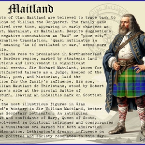 Op de afbeelding: Een zwart-witte illustratie van een man die een kilt draagt en een wit shirt met een zwart vest. De man heeft een lange witte baard en staat met zijn handen op zijn heupen. De tekst "Clan Maitland" is zichtbaar in de rechterbovenhoek van de afbeelding.