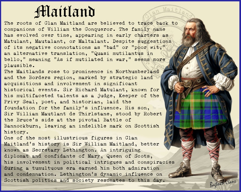 Op de afbeelding: Een zwart-witte illustratie van een man die een kilt draagt en een wit shirt met een zwart vest. De man heeft een lange witte baard en staat met zijn handen op zijn heupen. De tekst "Clan Maitland" is zichtbaar in de rechterbovenhoek van de afbeelding.