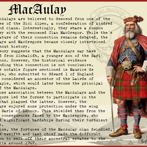 May include: An illustration of a man wearing a red kilt and a red and green plaid jacket. He is holding a staff and has a long white beard. The text "Clan MacAulay" is at the top of the image. The text "Bagtoun Clans" is at the bottom of the image. The image is a historical illustration of a Scottish clan.