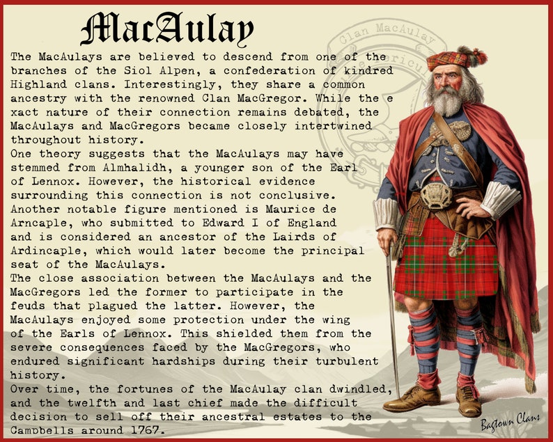 May include: An illustration of a man wearing a red kilt and a red and green plaid jacket. He is holding a staff and has a long white beard. The text "Clan MacAulay" is at the top of the image. The text "Bagtoun Clans" is at the bottom of the image. The image is a historical illustration of a Scottish clan.