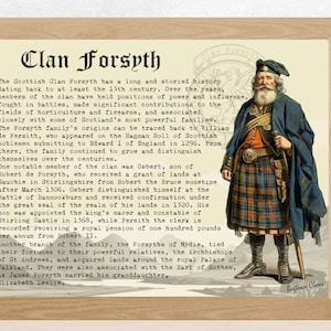 Op de afbeelding: Een vintage illustratie van een man in een traditionele Schotse kilt en een hoed met veren. De tekst luidt "Clan Forsyth" en beschrijft de geschiedenis van de clan, die teruggaat tot de 15e eeuw.