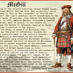May include: A vintage illustration of a man wearing a red kilt and a white shirt with a long beard. The text "Clan McGill" is at the top of the image. The text below the image reads "Bagtoun Clans".