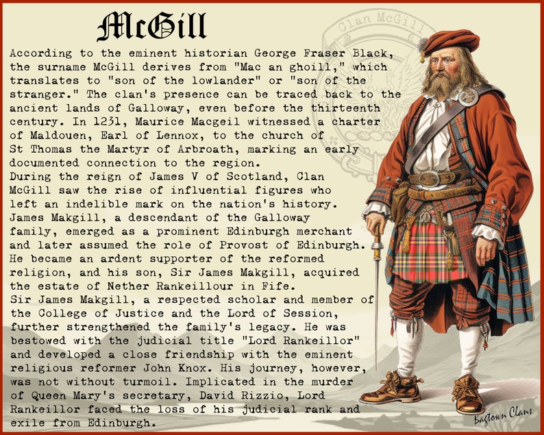 May include: A vintage illustration of a man wearing a red kilt and a white shirt with a long beard. The text "Clan McGill" is at the top of the image. The text below the image reads "Bagtoun Clans".