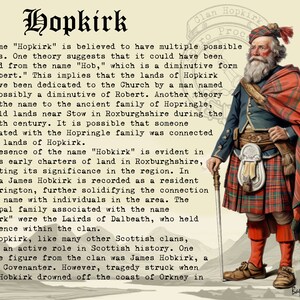 Peut inclure: Une illustration en noir et blanc d'un homme portant un kilt &eacute;cossais traditionnel et un chapeau &agrave; plumes. Le texte "Clan Hopkirk" est &eacute;crit au-dessus de la t&ecirc;te de l'homme. Le texte "Bagtown Clans" est &eacute;crit dans le coin inf&eacute;rieur droit de l'image.