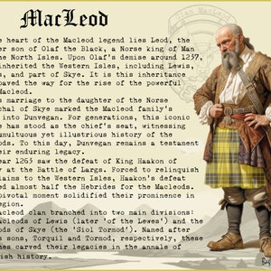 May include: A vintage illustration of a man in a kilt, with a long white beard, holding a sword. The illustration is titled "Clan MacLeod" and includes text about the history of the MacLeod clan in Scotland.