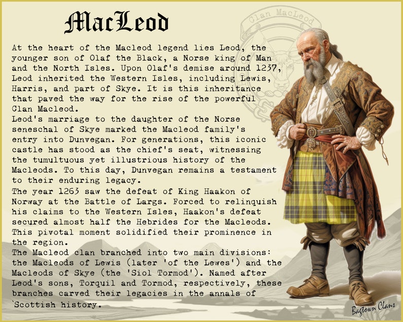 May include: A vintage illustration of a man in a kilt, with a long white beard, holding a sword. The illustration is titled "Clan MacLeod" and includes text about the history of the MacLeod clan in Scotland.