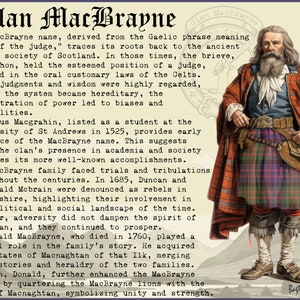 Puede incluir: Una ilustraci&oacute;n vintage de un hombre con un kilt escoc&eacute;s tradicional, barba blanca larga y expresi&oacute;n severa. El texto dice "Clan MacBrayne" y describe la historia del clan, remont&aacute;ndose a la antigua sociedad celta de Escocia.
