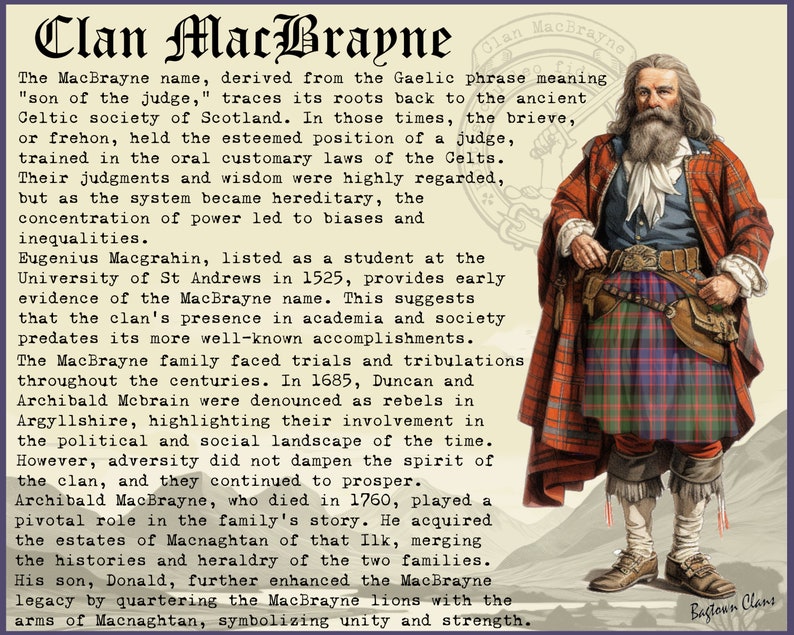 Puede incluir: Una ilustraci&oacute;n vintage de un hombre con un kilt escoc&eacute;s tradicional, barba blanca larga y expresi&oacute;n severa. El texto dice "Clan MacBrayne" y describe la historia del clan, remont&aacute;ndose a la antigua sociedad celta de Escocia.