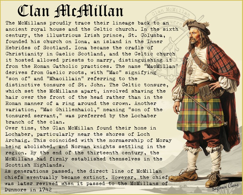 Pu&ograve; includere: Un'illustrazione vintage di un uomo che indossa un kilt e un cappello con piume. Il testo "Clan McMillan" &egrave; in cima all'immagine. Il testo descrive la storia del clan e le sue origini in Scozia.
