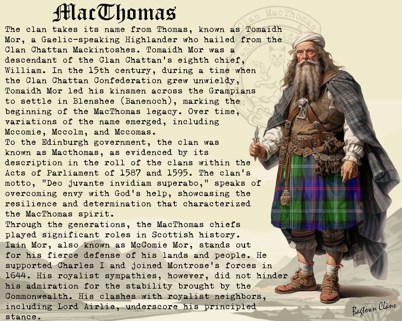 Puede incluir: Un retrato de un hombre con un kilt escoc&eacute;s tradicional, una larga barba blanca y una expresi&oacute;n severa. Sostiene una daga en su mano derecha. El texto "MacThomas" est&aacute; escrito en letras grandes en la parte superior de la imagen. El texto a continuaci&oacute;n describe la historia del clan MacThomas.