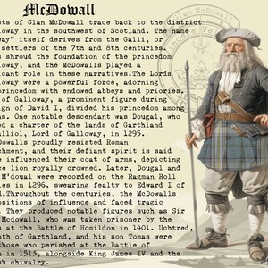 May include: A black and white illustration of a man wearing a kilt and a hat. The text "McDowall" is at the top of the image. The text "Clan McDowall" is at the bottom of the image. The text describes the history of the McDowall clan in Scotland.